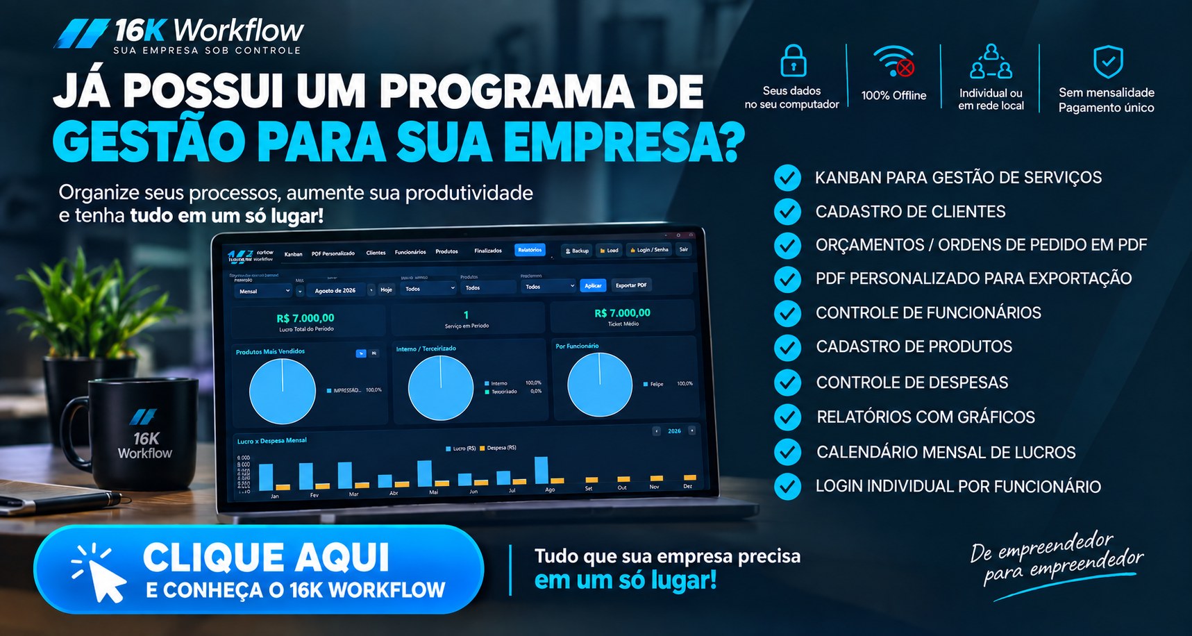 Banner 16K Workflow: já possui um programa de gestão para sua empresa? 100% offline, pagamento único